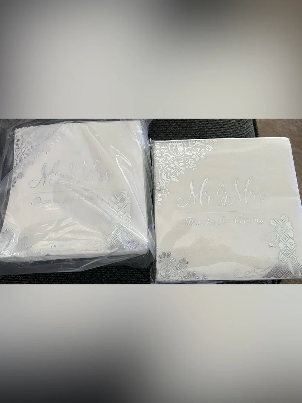 Mr & Mrs Silver Foil Wedding Napkins and Blue Floral Cocktail Napkins